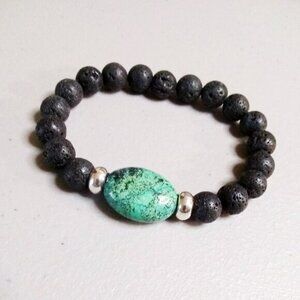 Chrysacolla & Black Lava Rock Bracelet! Thick, Solid & Chunky! Heavy Stone Beads